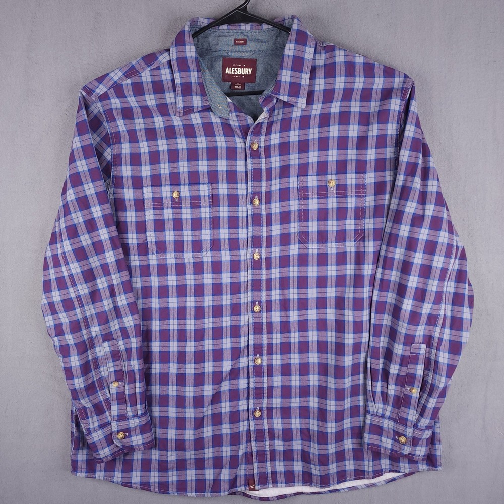Alesbury Plaid Button Shirt Mens 2XL‎ Purple Blue Cotton Thick Layered Heavy